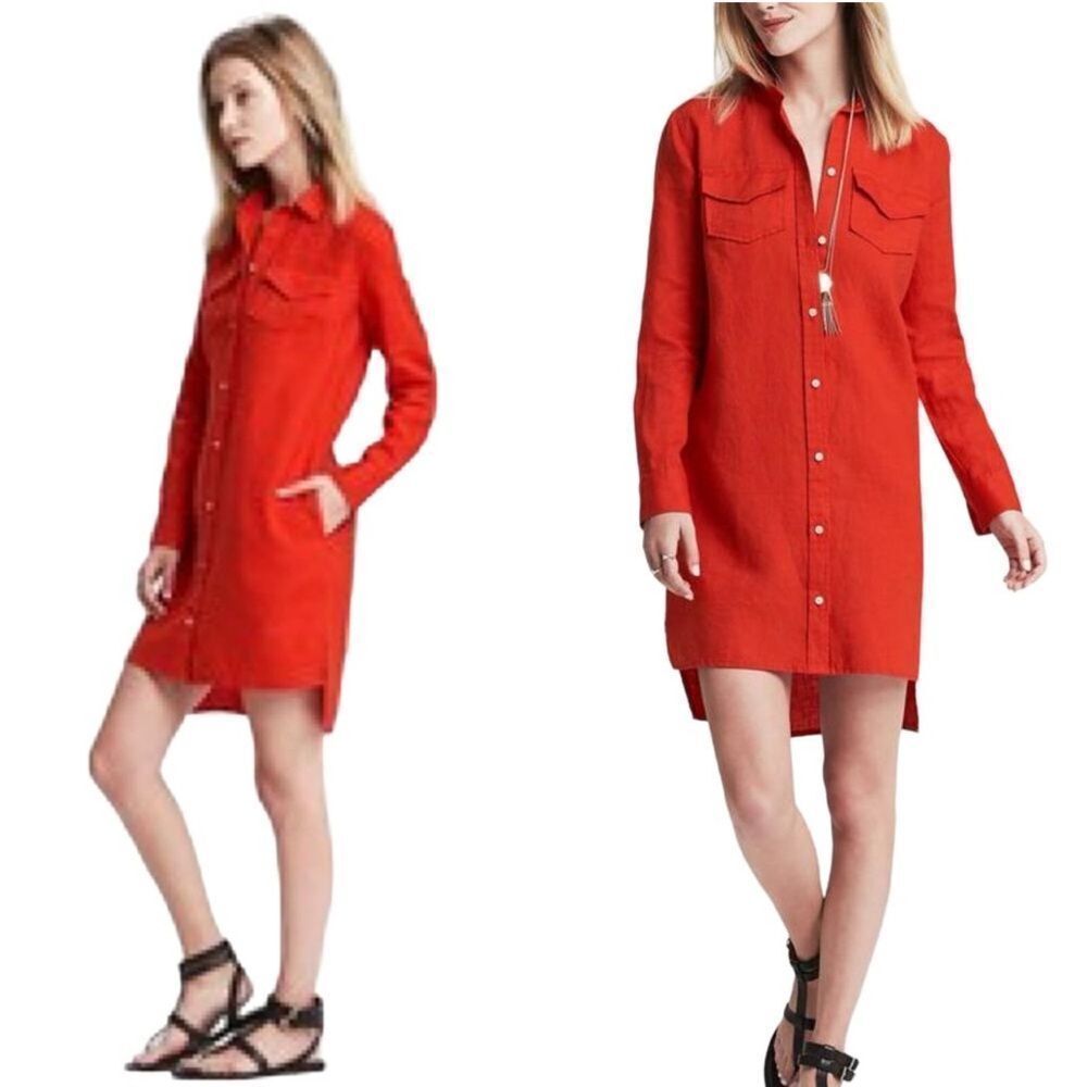 BANANA REPUBLIC Alexi Linen Shirt Dress Button Front Collared Red Orange Size 8